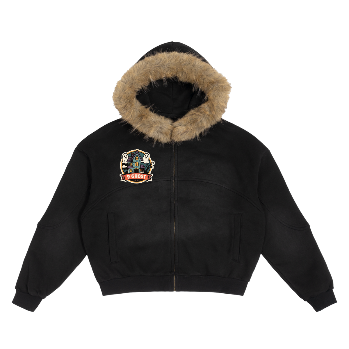 9 ghost Sun Fade Boxy Detachable Fur Hoodie