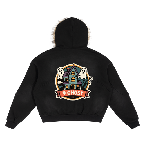 9 ghost Sun Fade Boxy Detachable Fur Hoodie